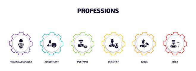 professions infographic element with filled icons and 6 step or option. professions icons such as financial manager, accountant, postman, scientist, judge, dyer vector.