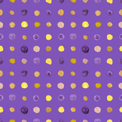 Seamless pattern bright yellow and purple dots painted in watercolor on a  lilac background. For fabric, sketchbook, wallpaper, wrapping paper.