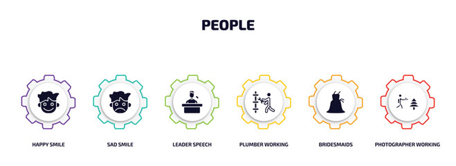 people infographic element with filled icons and 6 step or option. people icons such as happy smile, sad smile, leader speech, plumber working, bridesmaids, photographer working vector.