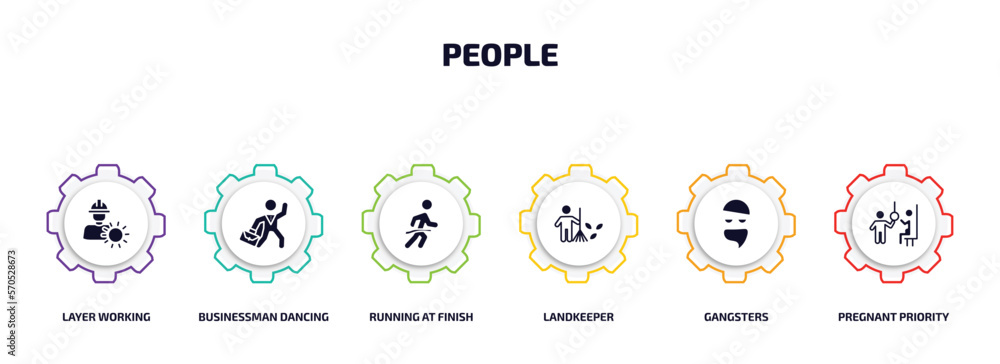 Aufkleber people infographic element with filled icons and 6 step or option. people icons such as layer workin