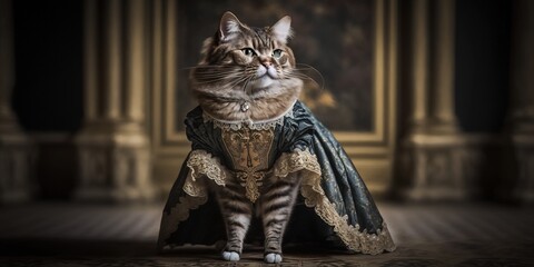 Funny scene of cute cat wearing traditional victorian costume at the Imperial palace. Cat wearing a elegant Victorian lace dress. Generative AI