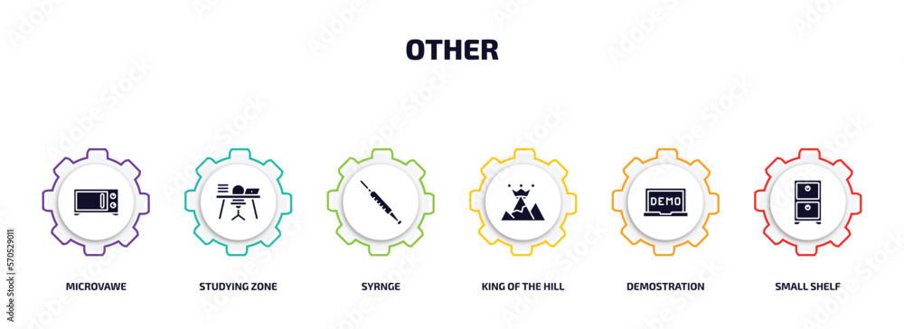 Aufkleber other infographic element with filled icons and 6 step or option. other icons such as microvawe, stu