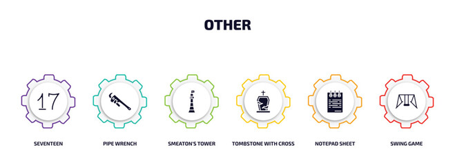 other infographic element with filled icons and 6 step or option. other icons such as seventeen, pipe wrench, smeaton's tower, tombstone with cross, notepad sheet, swing game vector.
