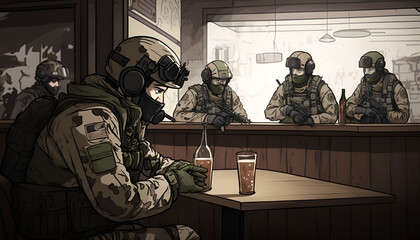 military combat,5 soldiers shooting and drinking, Tagilla escape from tarkov, HD,cartoon