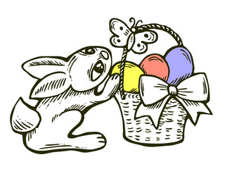 Easter bunny with basket, eggs, flowers and butterfly. Decorative design composition for poster print, greeting card, kids party invitation. Hand drawn illustration. Vintage cartoon style drawing.