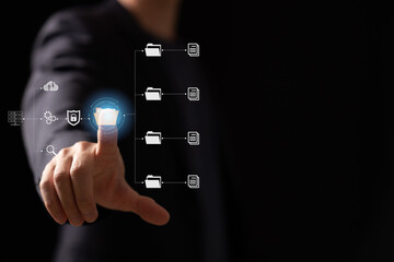 Analyst working with computer in Business Analytics and Data Management System to make report with KPI and metrics connected to database. Corporate strategy for finance, operations, sales, marketing.