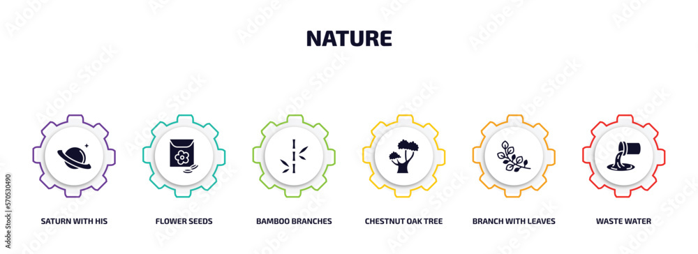 Poster nature infographic element with filled icons and 6 step or option. nature icons such as saturn with 
