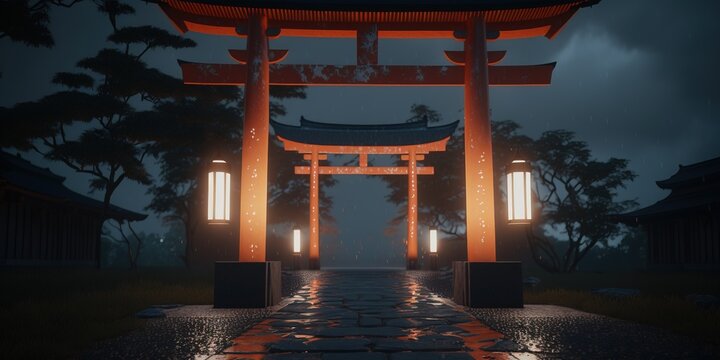  Torii Gate at the Entrance of a Shinto Shrine. Snow storm. Japanese Torii gate. Generative AI