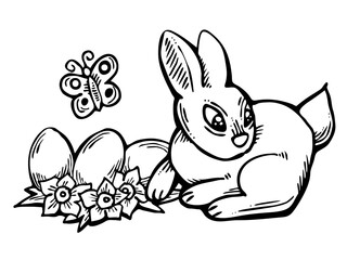 Easter bunny with basket, eggs, flowers and butterfly. Decorative design composition for poster print, greeting card, kids party invitation. Hand drawn illustration. Vintage cartoon style drawing.