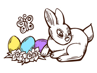 Easter bunny with basket, eggs, flowers and butterfly. Decorative design composition for poster print, greeting card, kids party invitation. Hand drawn illustration. Vintage cartoon style drawing.