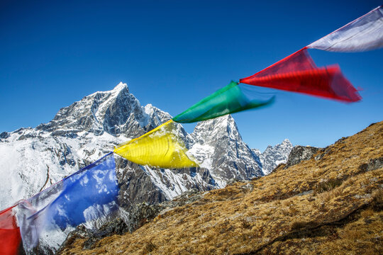 Prayer flags in the wind along the trail to Everest Base Camp, Nepal.