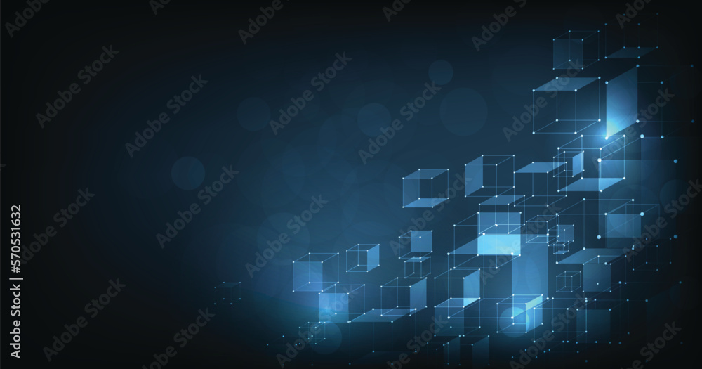Poster blockchain technology concept. information blocks in cyberspace. decentralized network. 3d illustrat
