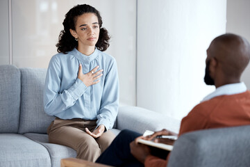 Conversation, sad and woman with a psychologist for therapy, trauma and mental health support....