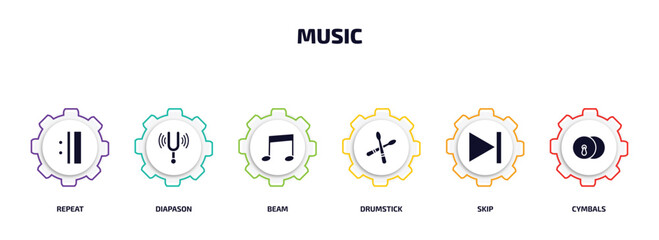 music infographic element with filled icons and 6 step or option. music icons such as repeat, diapason, beam, drumstick, skip, cymbals vector.