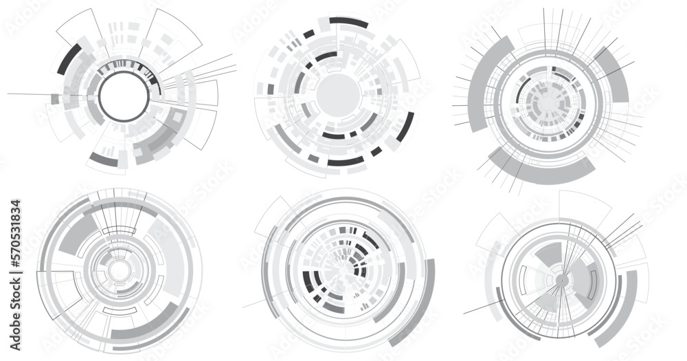 Aufkleber Set of User Interface HUD futuristic. Abstract circles, geometric shapes, advanced technology segmentation, digital technology on a white background.