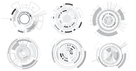 Set of User Interface HUD futuristic. Abstract circles, geometric shapes, advanced technology segmentation, digital technology on a white background.