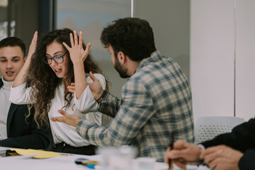 Caucasian gorgeous businesswoman is mad and yelling at her boyfriend at work