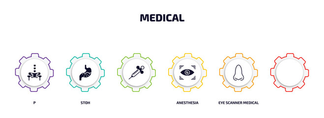 medical infographic element with filled icons and 6 step or option. medical icons such as p, stoh, , anesthesia, eye scanner medical, e vector.