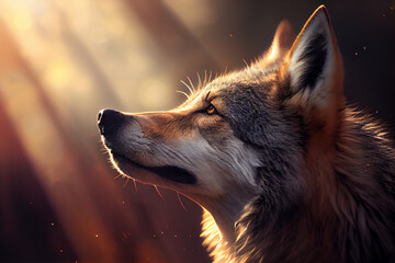 A close up portrait of a wolf, blur background, cinematic lightning, generative ai 
