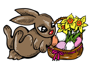 Easter bunny with basket, eggs, flowers and butterfly. Decorative design composition for poster print, greeting card, kids party invitation. Hand drawn illustration. Vintage cartoon style drawing.