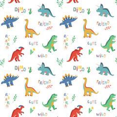 Vector colored seamless repeating children pattern with cute dinosaurs, plants and comic dino doodle quotes on a white background. Baby pattern with dinosaurs.
