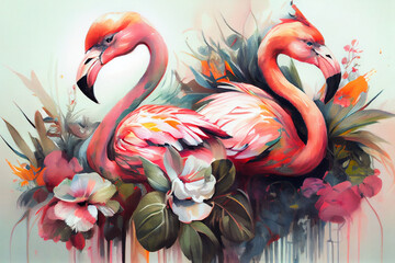 A painting of two flamingos standing next to each other, Generative AI