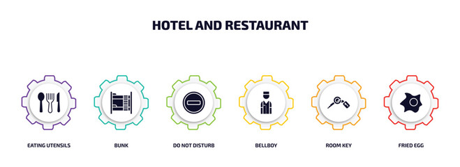 hotel and restaurant infographic element with filled icons and 6 step or option. hotel and restaurant icons such as eating utensils, bunk, do not disturb, bellboy, room key, fried egg vector.