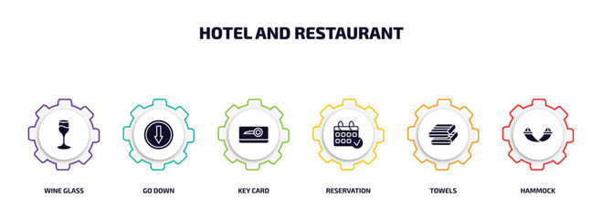 hotel and restaurant infographic element with filled icons and 6 step or option. hotel and restaurant icons such as wine glass, go down, key card, reservation, towels, hammock vector.