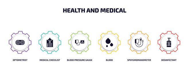 health and medical infographic element with filled icons and 6 step or option. health and medical icons such as optometrist, medical checklist, blood pressure gauge, blood, sphygmomanometer,