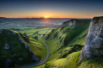 A beautiful spring sunrise at Winnats Pass in the Peak District National Park.