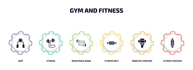 gym and fitness infographic element with filled icons and 6 step or option. gym and fitness icons such as grip, fitness, resistance band, belt, broccoli porcion, tracker vector.