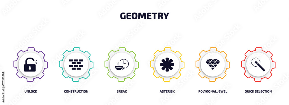 Poster geometry infographic element with filled icons and 6 step or option. geometry icons such as unlock, 