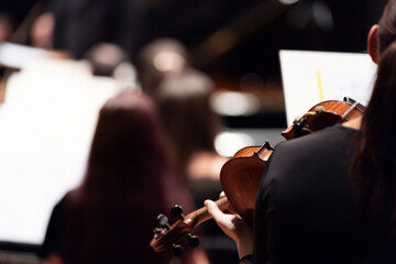 A view of a violin player in a classical symphony orchestra concerts