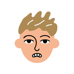 Angry boy avatar. Upset schoolboy in bad mood. Boy face portrait with emotional facial expression hand drawn doodle sketch vector illustration isolated on white