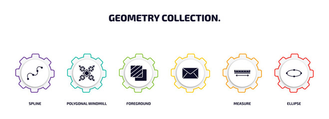 geometry collection. infographic element with filled icons and 6 step or option. geometry collection. icons such as spline, polygonal windmill, foreground, , measure, ellipse vector.