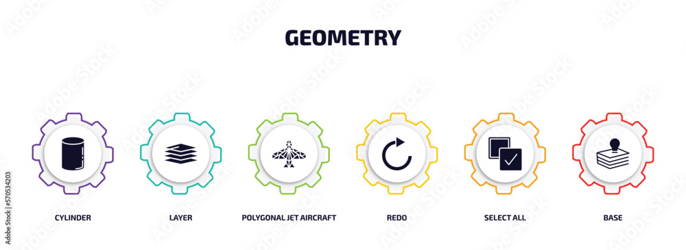 Poster geometry infographic element with filled icons and 6 step or option. geometry icons such as cylinder