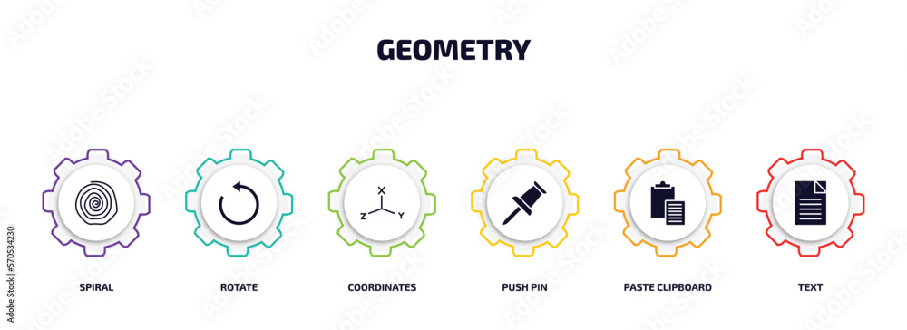 Poster geometry infographic element with filled icons and 6 step or option. geometry icons such as spiral, 