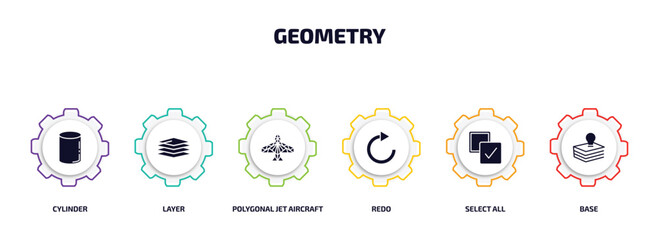 geometry infographic element with filled icons and 6 step or option. geometry icons such as cylinder, layer, polygonal jet aircraft, redo, select all, base vector.