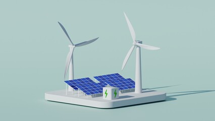 renewable energy sources, wind turbines and solar panels, photovoltaic system energy concept, 3d rendering