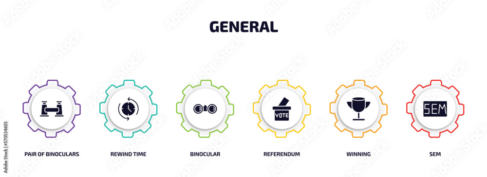 Aufkleber general infographic element with filled icons and 6 step or option. general icons such as pair of bi