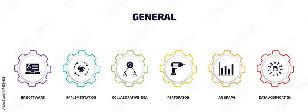 Poster general infographic element with filled icons and 6 step or option. general icons such as hr softwar