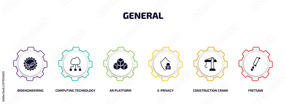 Poster general infographic element with filled icons and 6 step or option. general icons such as bioenginee