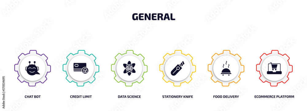 Poster general infographic element with filled icons and 6 step or option. general icons such as chat bot, 