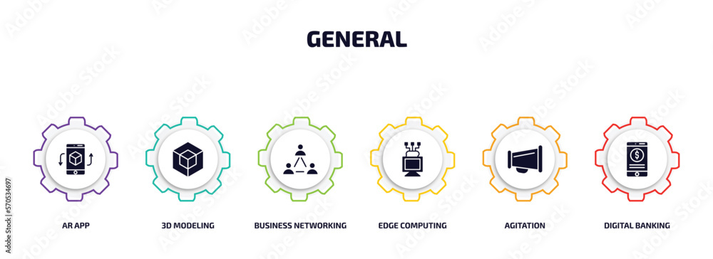 Poster general infographic element with filled icons and 6 step or option. general icons such as ar app, 3d