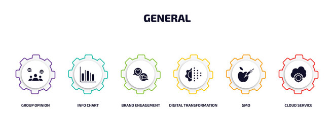 general infographic element with filled icons and 6 step or option. general icons such as group opinion, info chart, brand engagement, digital transformation, gmo, cloud service vector.