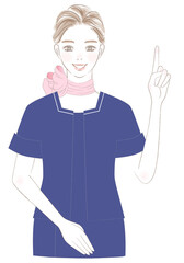 笑顔で指差し紹介する女性上半身イラスト