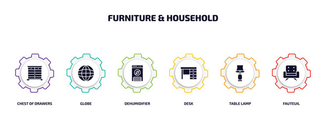 furniture & household infographic element with filled icons and 6 step or option. furniture & household icons such as chest of drawers, globe, dehumidifier, desk, table lamp, fauteuil vector.