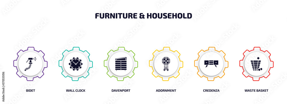 Wall mural furniture & household infographic element with filled icons and 6 step or option. furniture & household icons such as bidet, wall clock, davenport, adornment, credenza, waste basket vector.