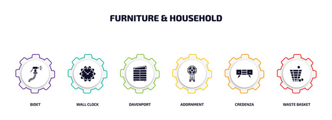 furniture & household infographic element with filled icons and 6 step or option. furniture & household icons such as bidet, wall clock, davenport, adornment, credenza, waste basket vector.