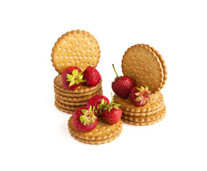 On a white background is a two-layer cookies and red strawberries